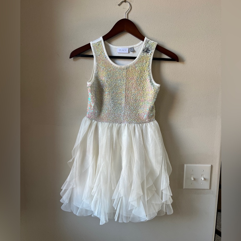Children’s Place Sequin Top Ruffle Bottom Dress- Ivory size 7/8